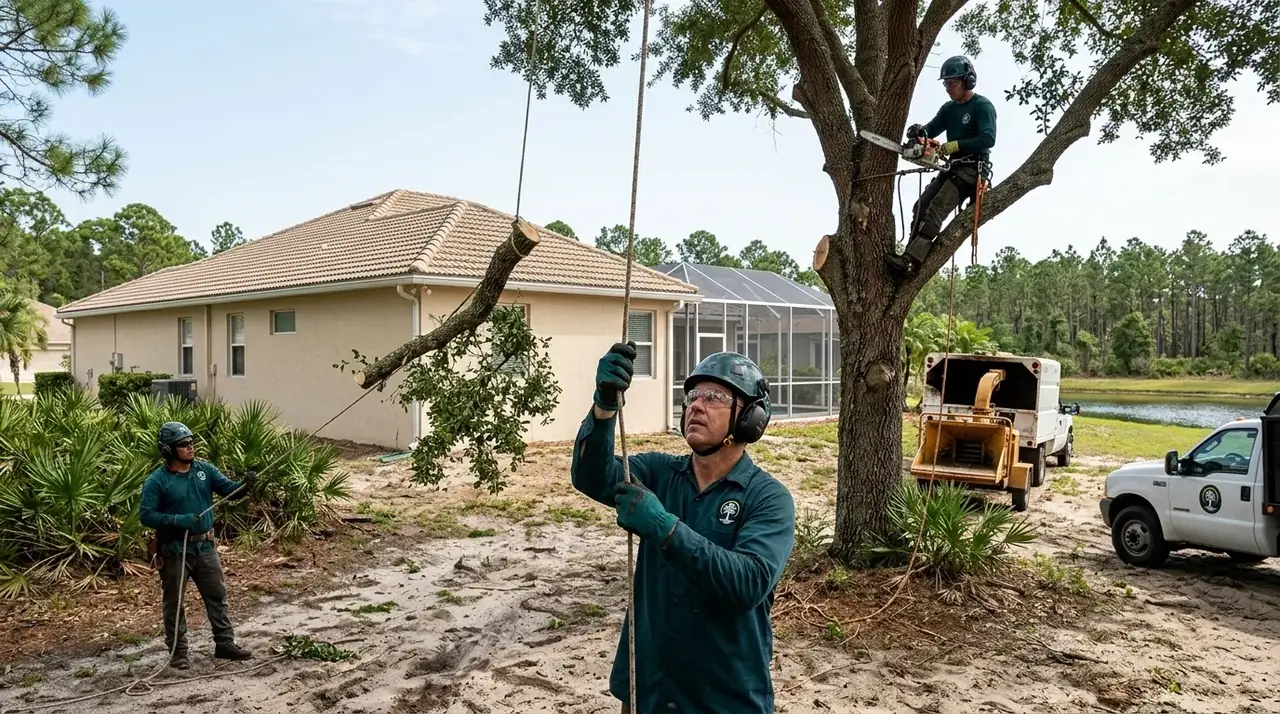 Tree removal in Kissimmee, FL: crew rigging a large laurel oak limb down beside a stucco home