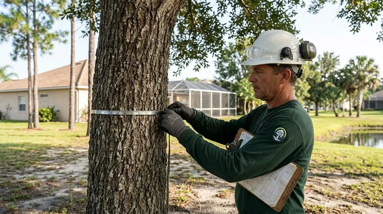 Tree removal permit in Kissimmee, FL: tree service estimator measuring a laurel oak trunk with a diameter tape