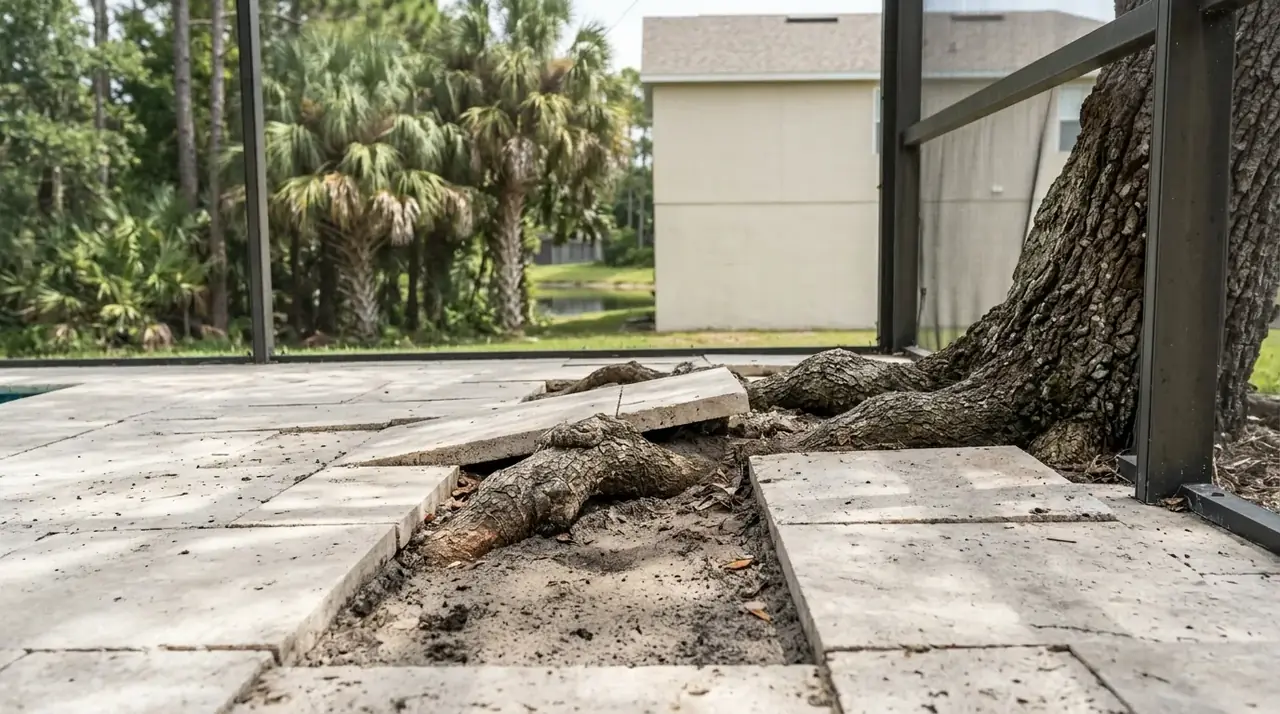 Tree roots under a pool deck in Kissimmee lifting travertine pavers beside a screened pool