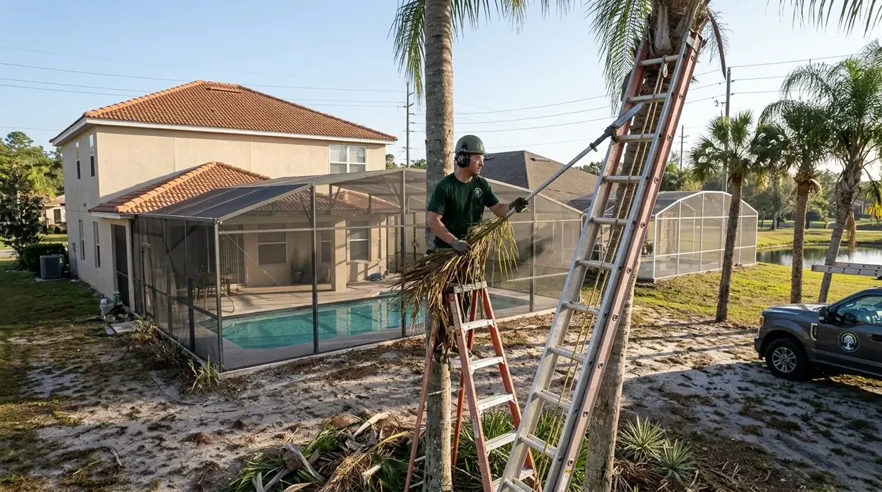 Vacation rental tree service in Kissimmee: crew trimming a queen palm beside a screened pool cage